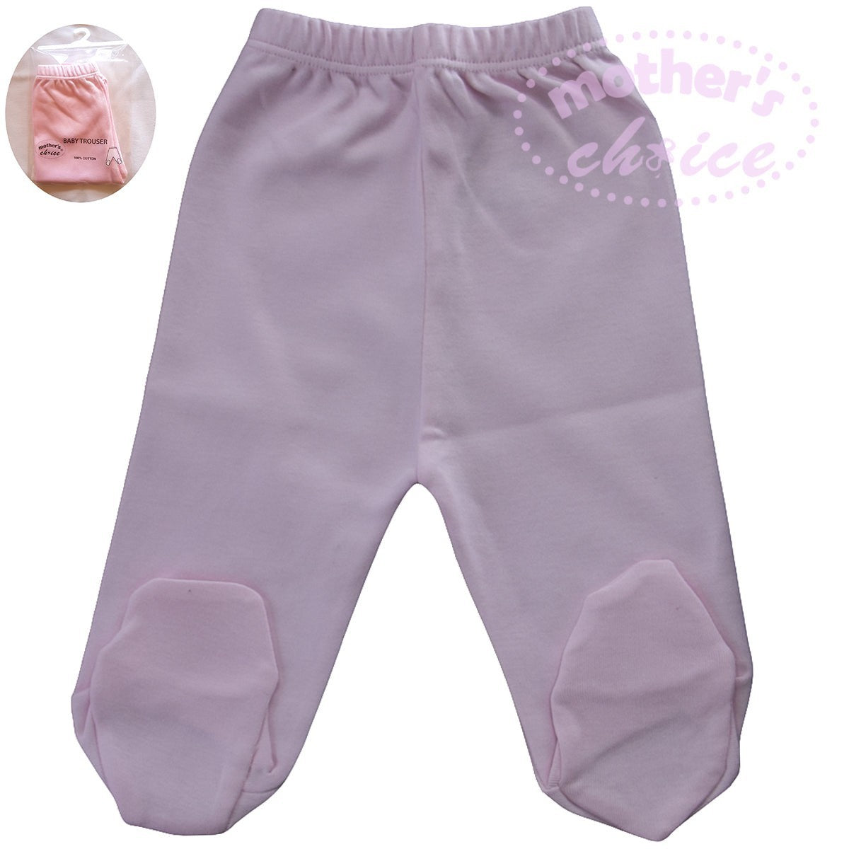 Purple baby pants with footies on a white background, featuring 'Mother's Choice' branding.