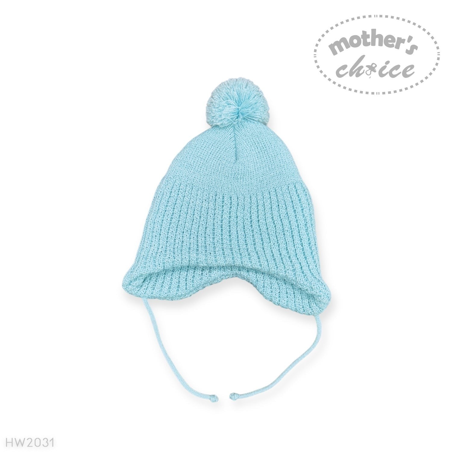 Light blue knitted baby hat with a pom-pom on a white background, featuring 'Mother's Choice' branding.