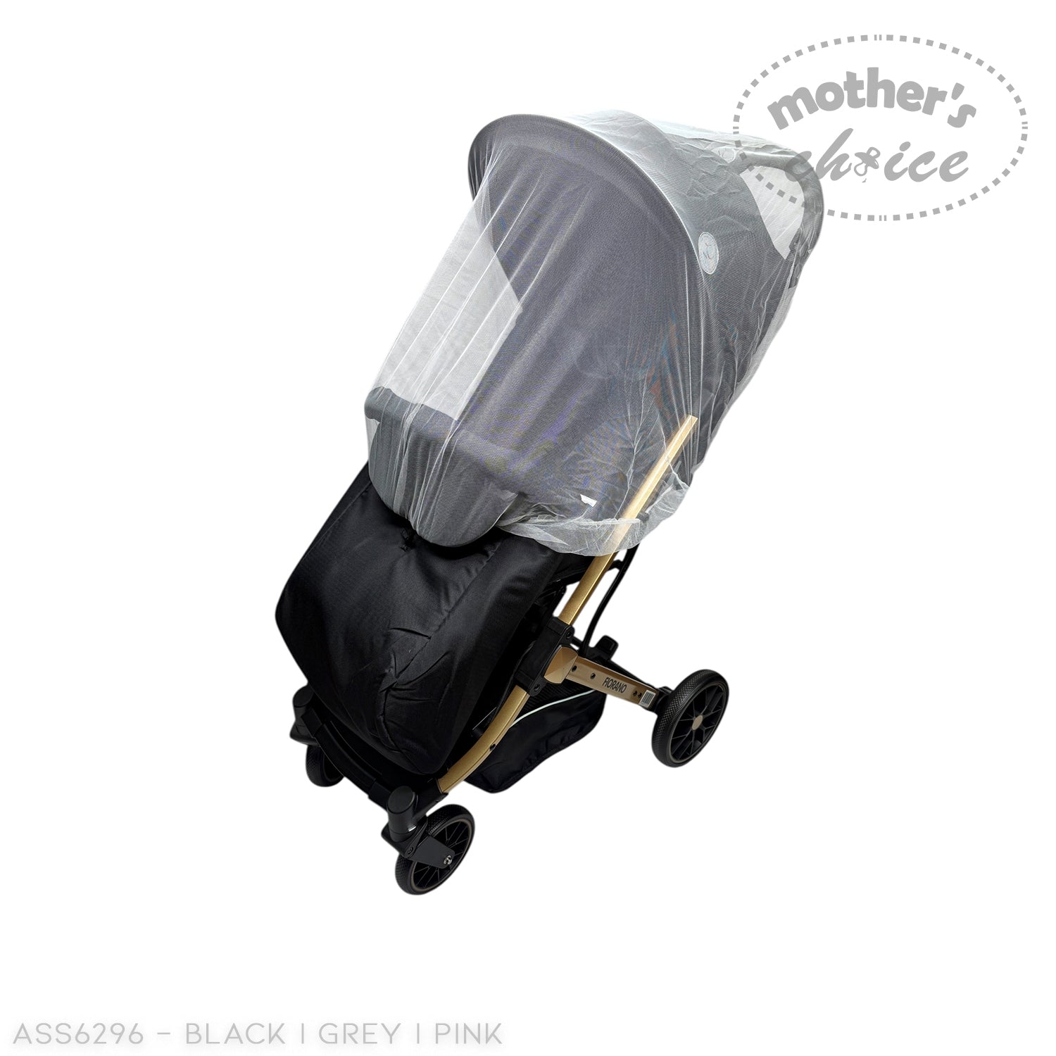 Black stroller with a gray and white mesh cover on a white background, featuring 'Mother's Choice' branding.