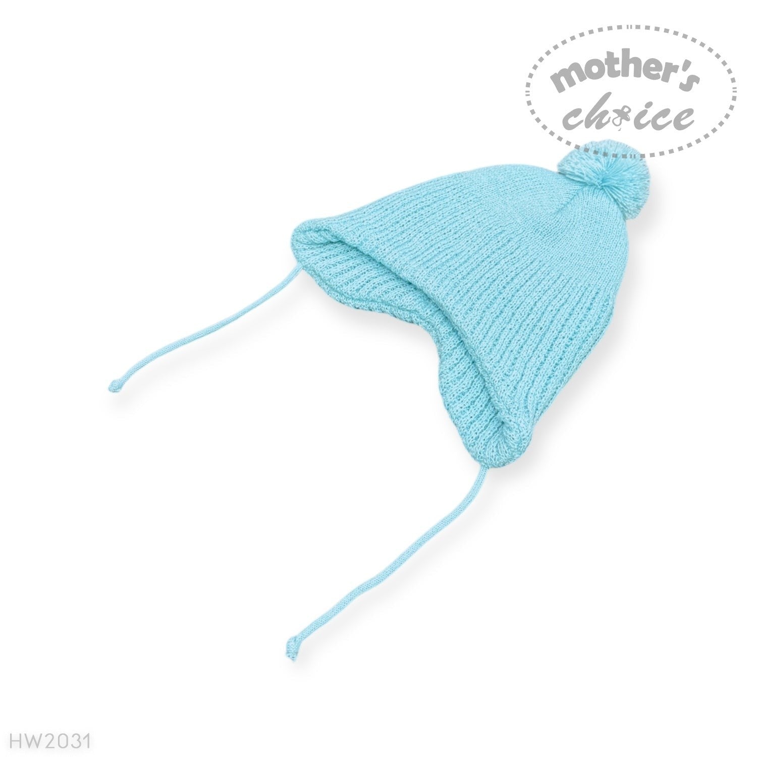 Light blue knitted baby hat with a pom-pom on a white background, branded 'Mother's Choice'.