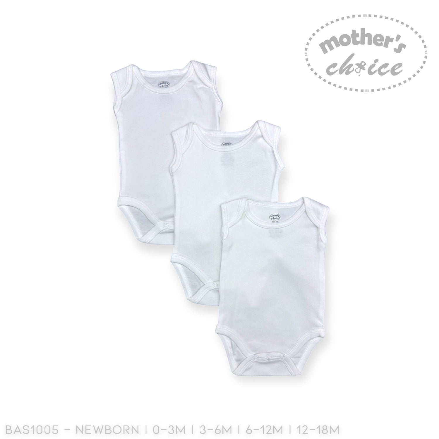 Three white baby bodysuits with 'Mother's Choice' branding on a white background.