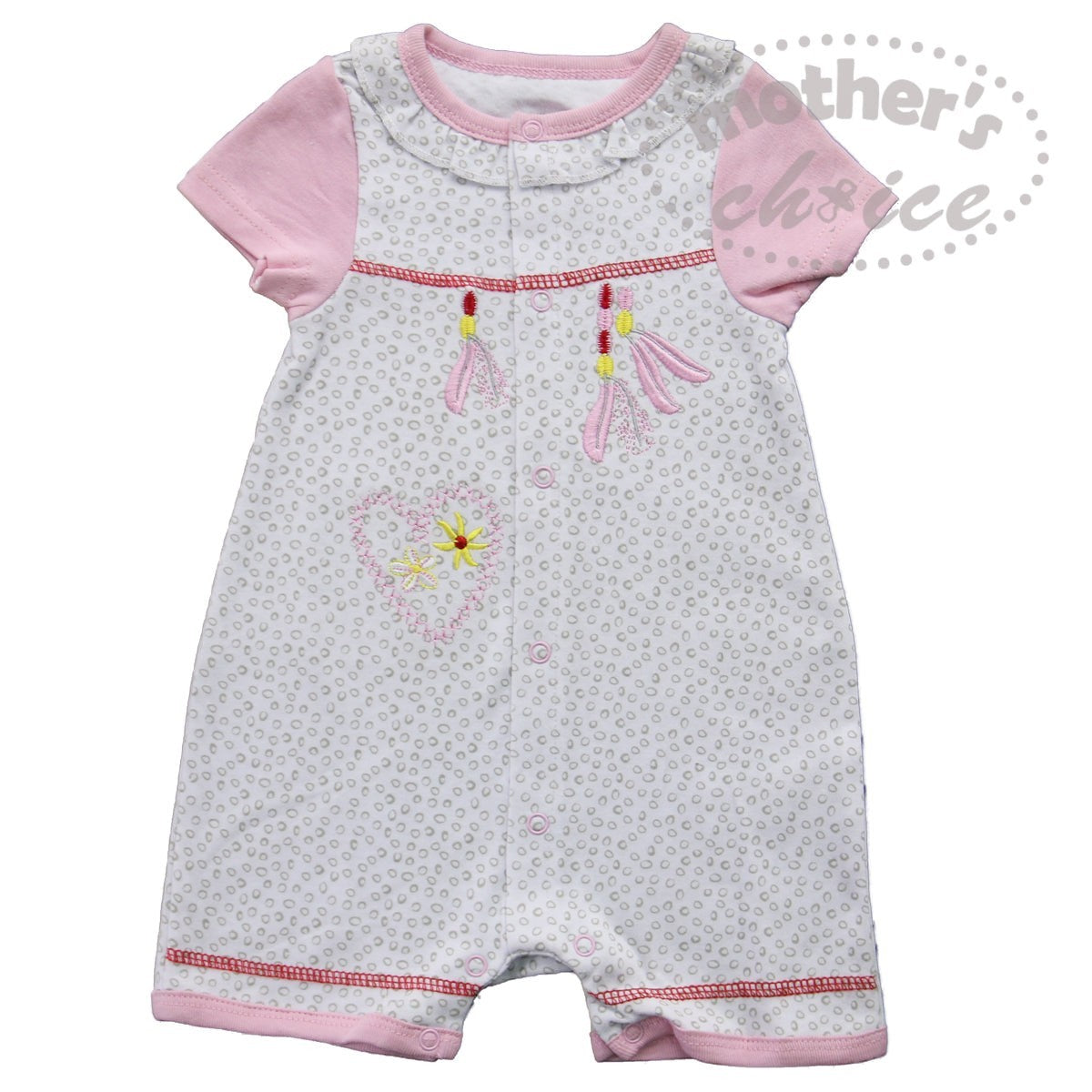 Baby romper with pink accents and floral design on a white background