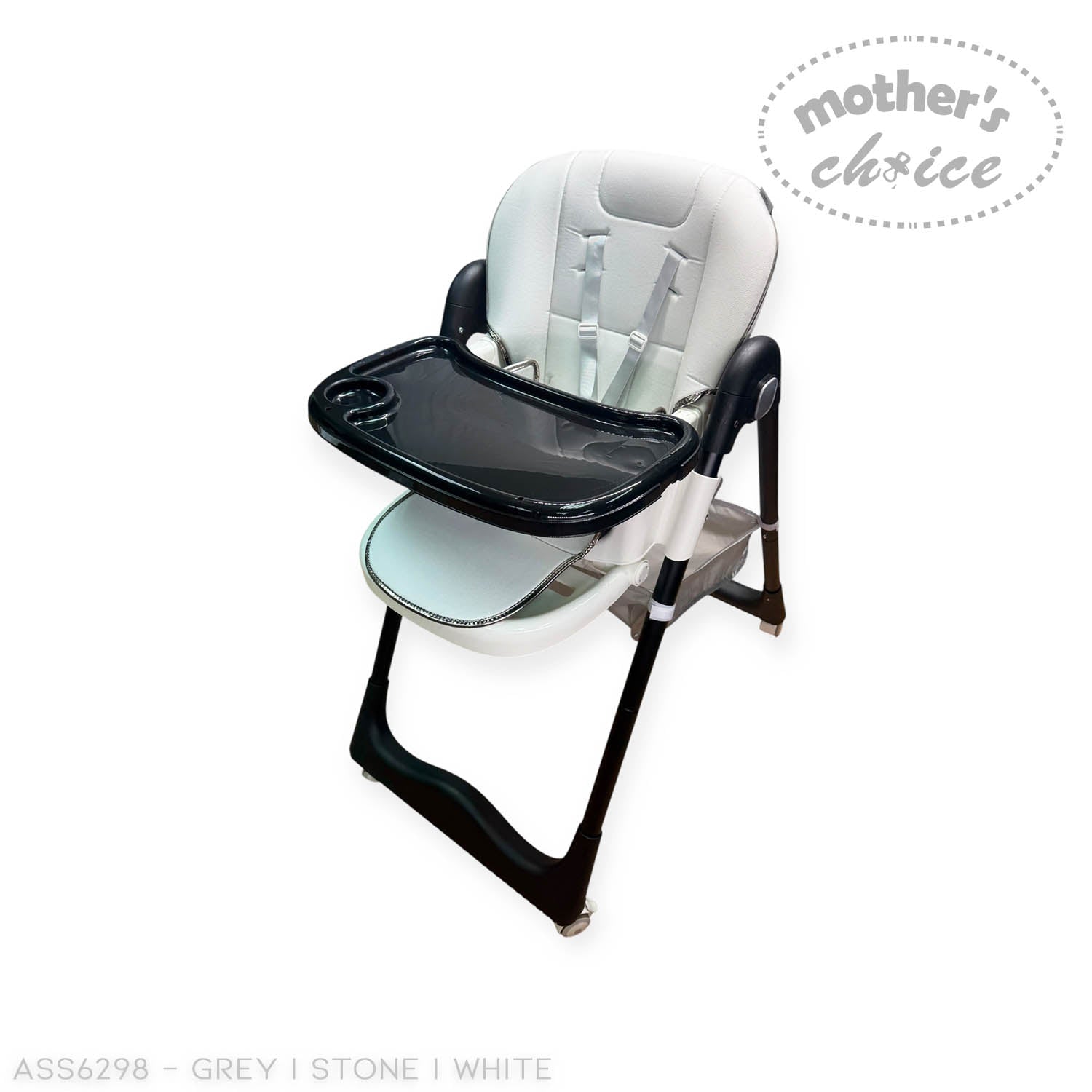 Baby high chair with tray on a white background, branded 'Mother's Choice'.