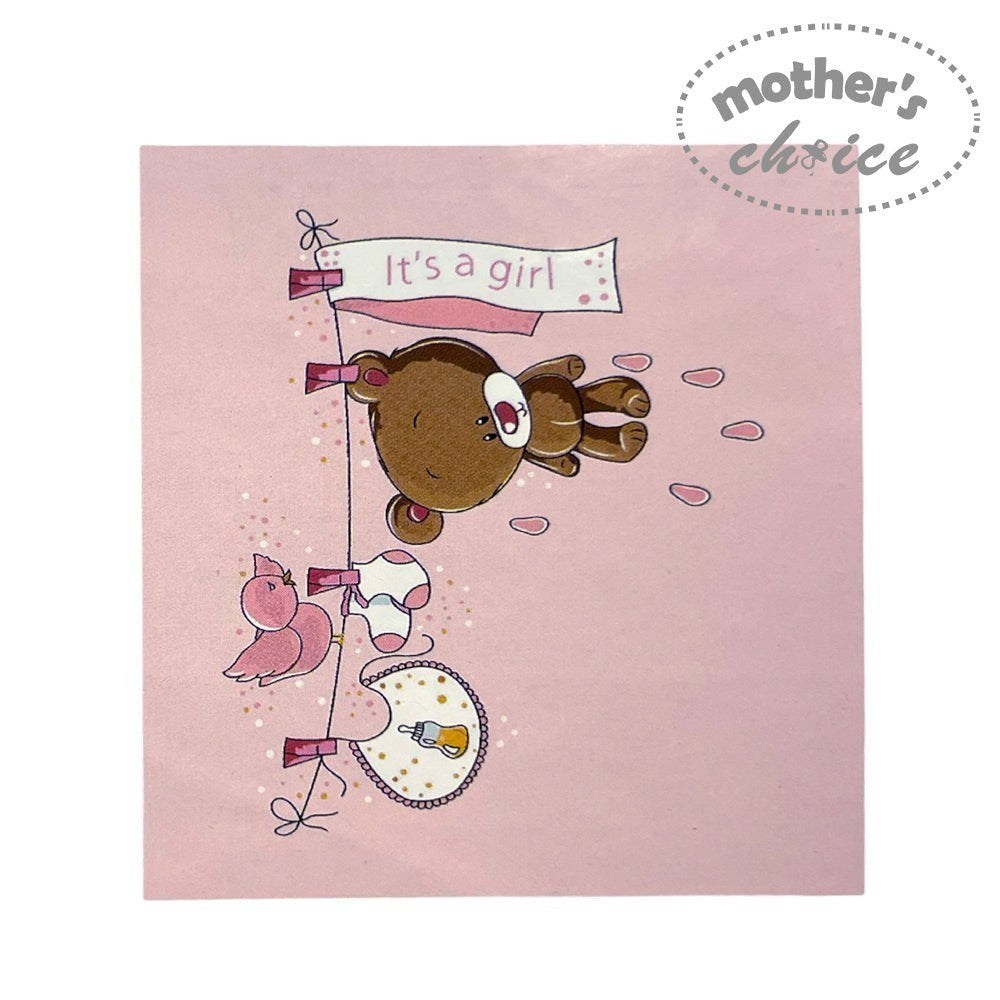 Baby shower card with a bear and baby items on a pink background, featuring 'It's a girl' text.