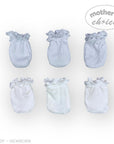 Set of six light blue baby booties with ruffled top on a white background, branded 'Mother's Choice'.
