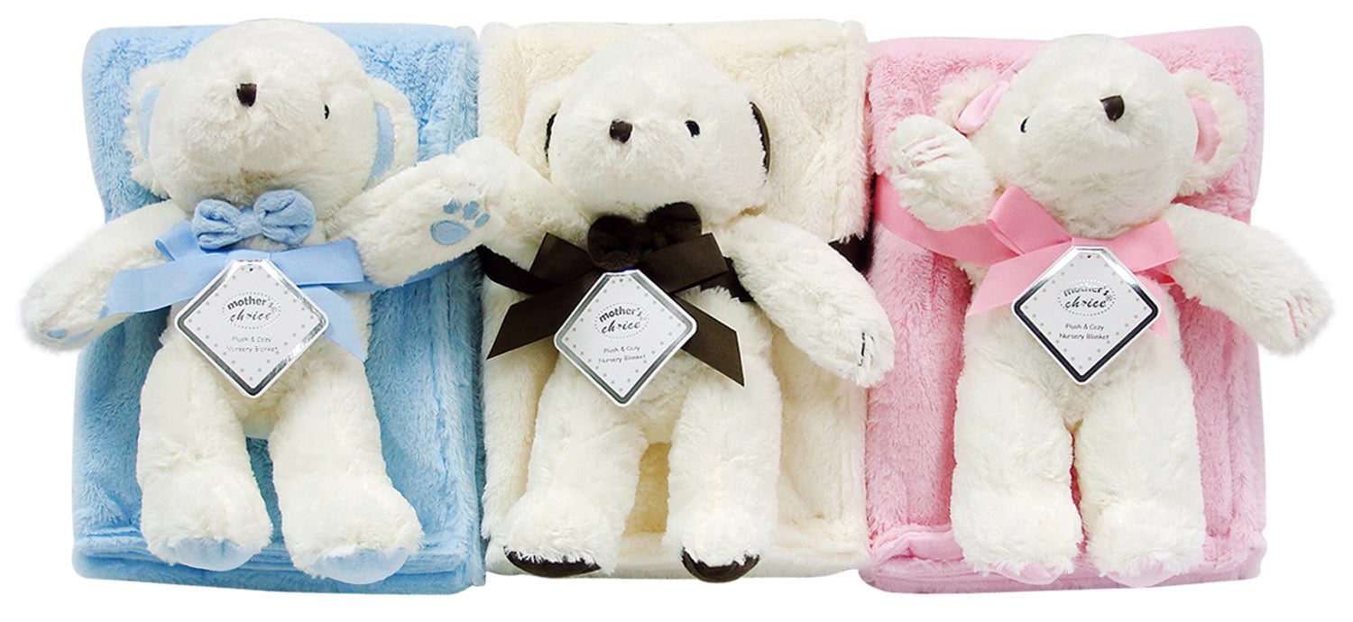 Three plush teddy bears with blankets, each in a different color, on a white background.