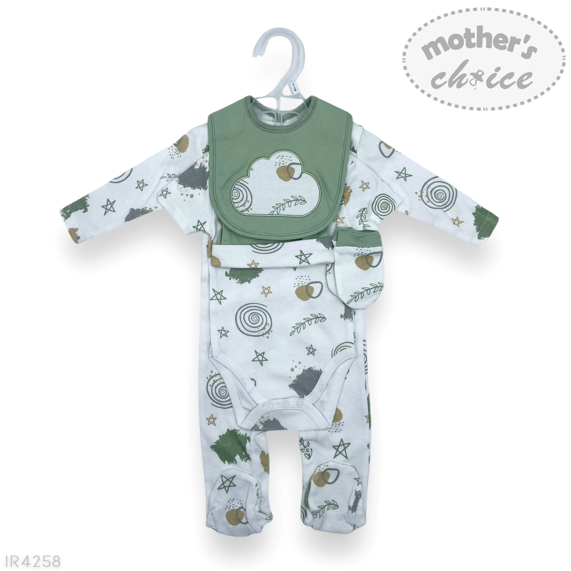 Baby romper with bib on a hanger, featuring 'Mother's Choice' branding.
