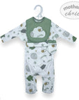 Baby romper with bib on a hanger, featuring 'Mother's Choice' branding.