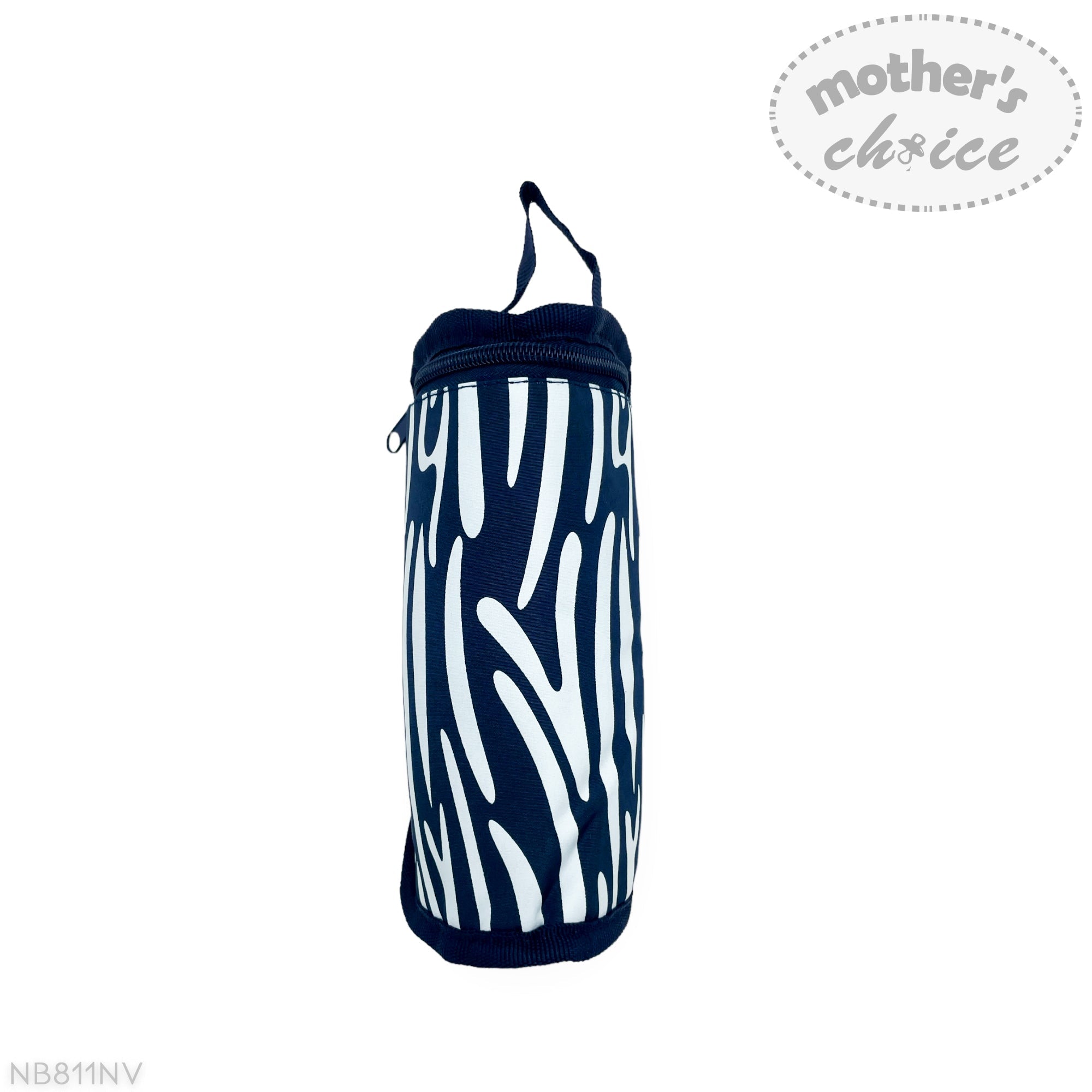 Navy blue and white patterned baby bottle carrier with 'mother's choice' branding on a white background.