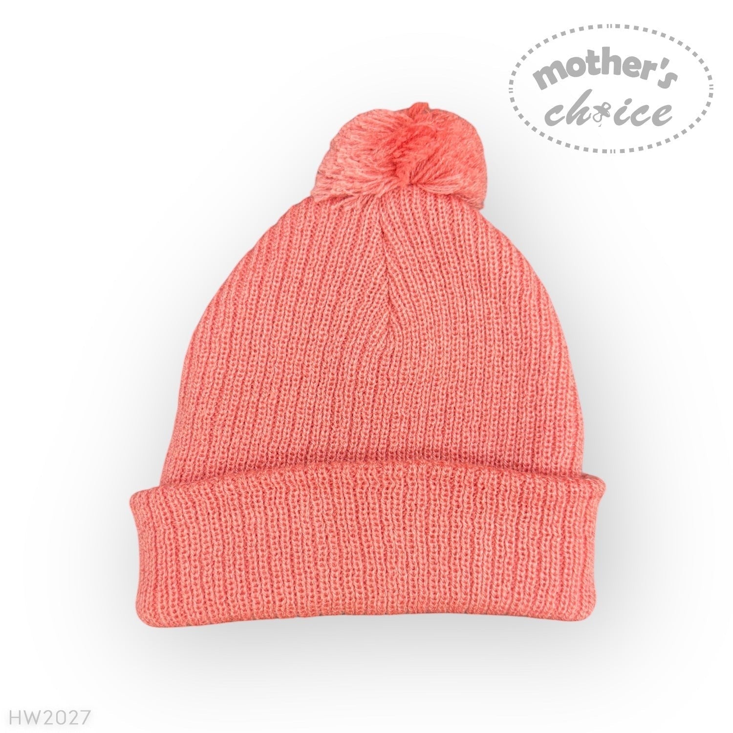 Pink knit beanie with a pom-pom on a white background, featuring 'mother's choice' branding.