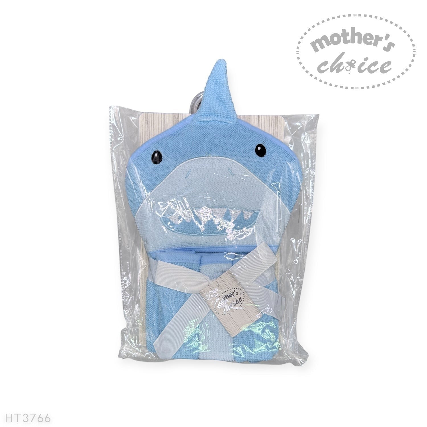 Blue shark-shaped hooded towel in packaging with 'Mother's Choice' branding.