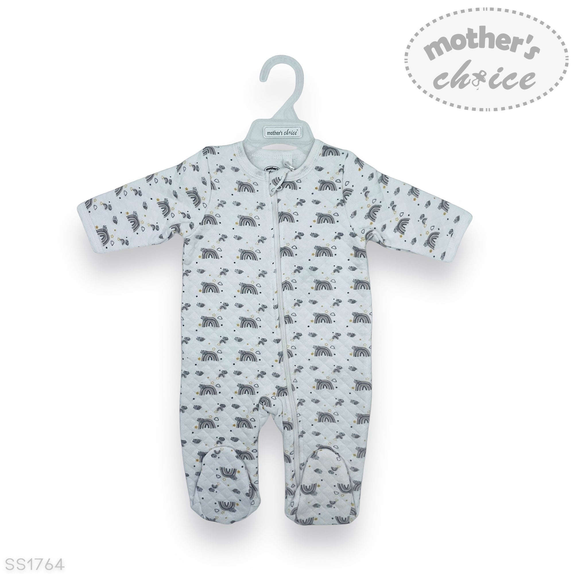 Baby onesie with animal pattern on a hanger against a white background, featuring 'mother's choice' branding.