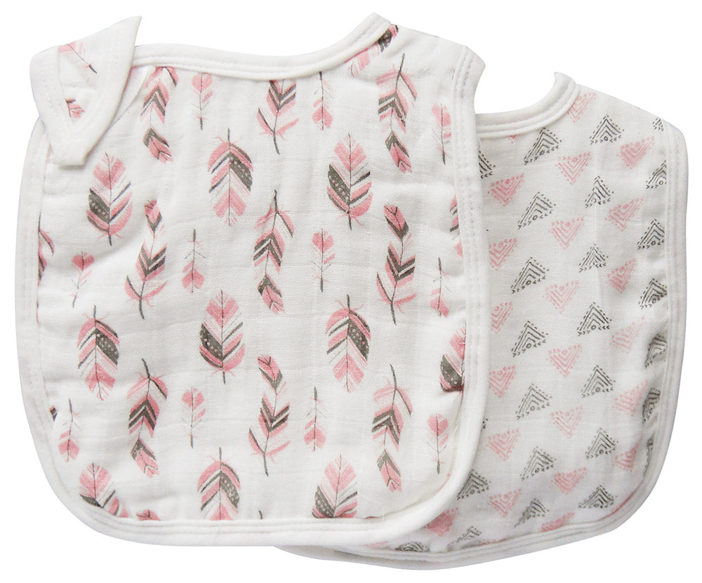 Mothers Choice 2 Pack Muslin Bibs `Pink Feathers`