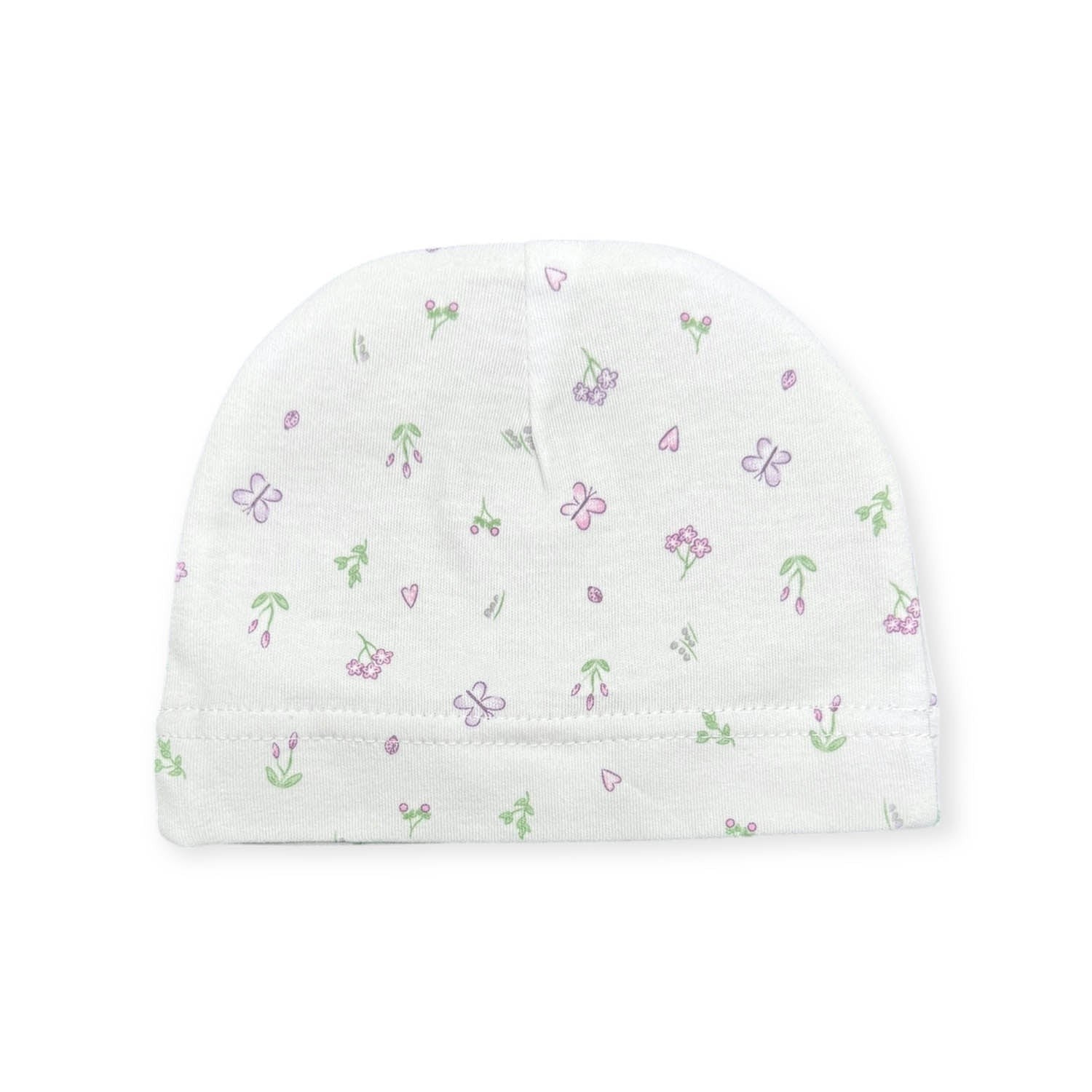 White baby hat with floral pattern on a white background
