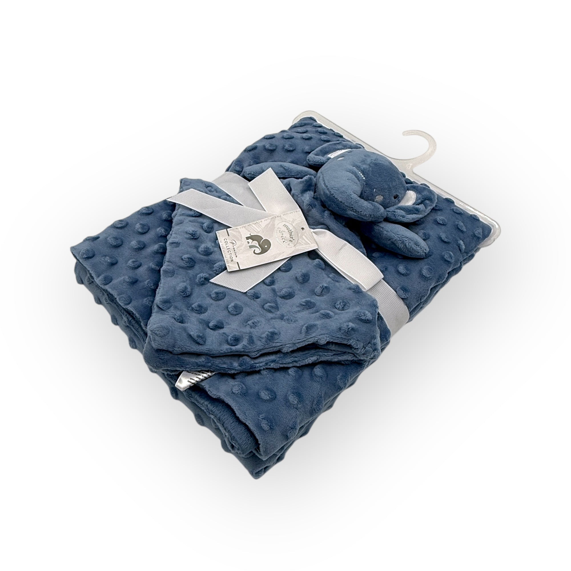 Blue textured blanket with a plush elephant toy on a white background