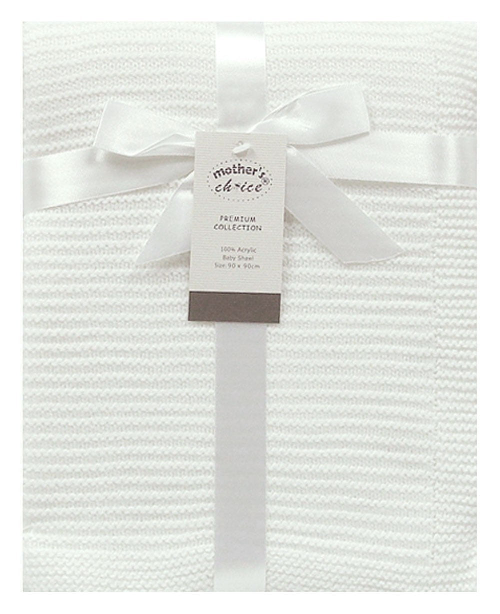 White textured blanket with a ribbon and 'Mother's Choice' tag on a white background
