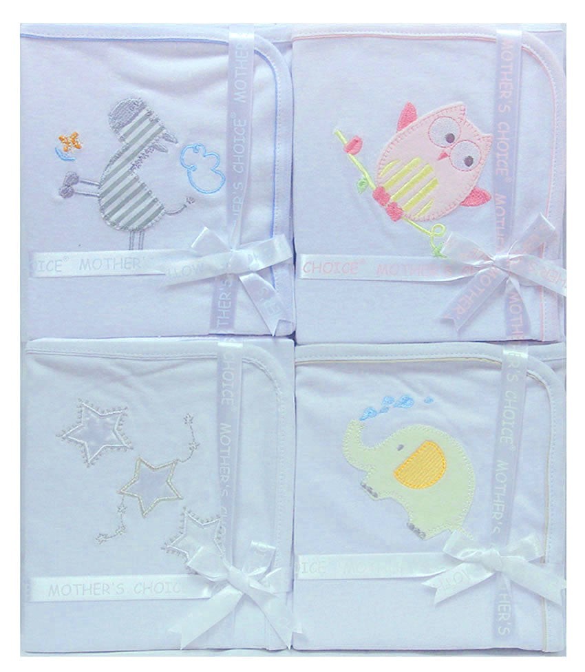 Set of baby blankets with embroidered animals on a white background