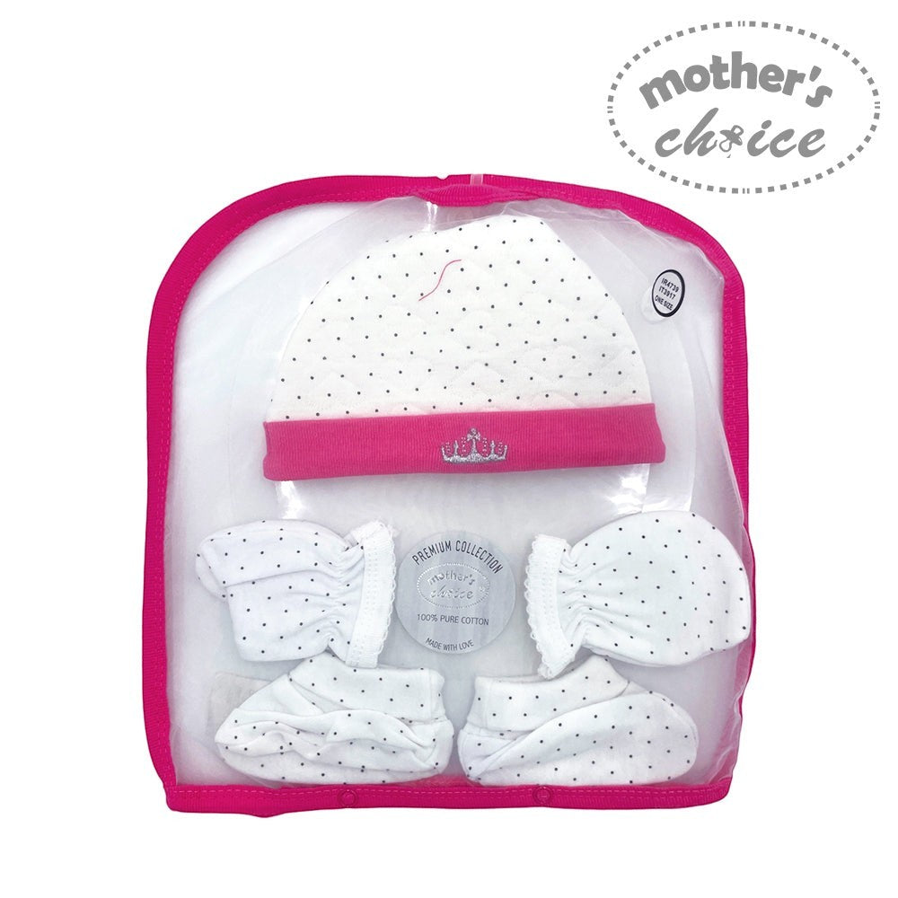 Baby clothing set with hat, booties, and headband in clear packaging with pink border, branded 'Mother's Choice'.