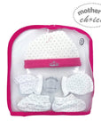 Baby clothing set with hat, booties, and headband in clear packaging with pink border, branded 'Mother's Choice'.