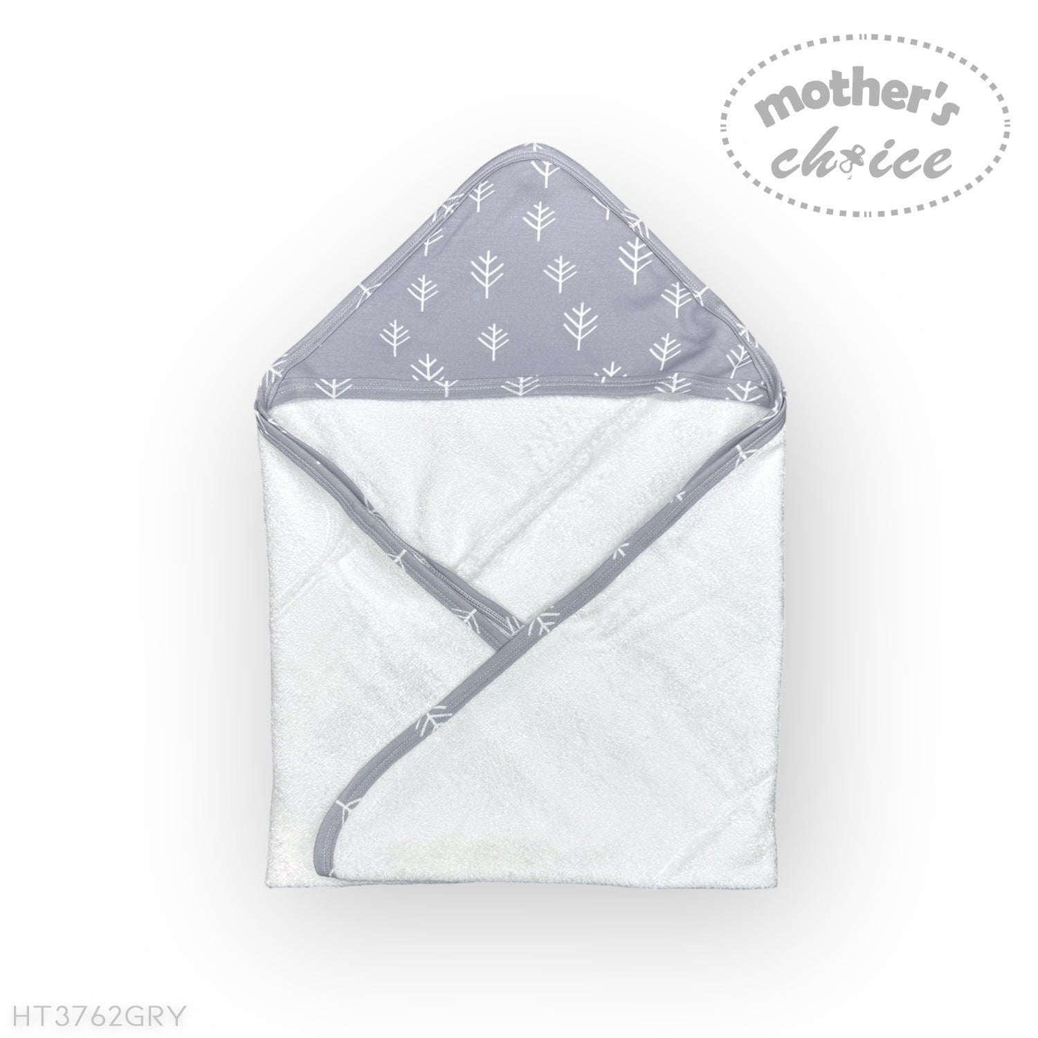 Hooded towel with tree pattern on a white background, branded 'Mother's Choice'.