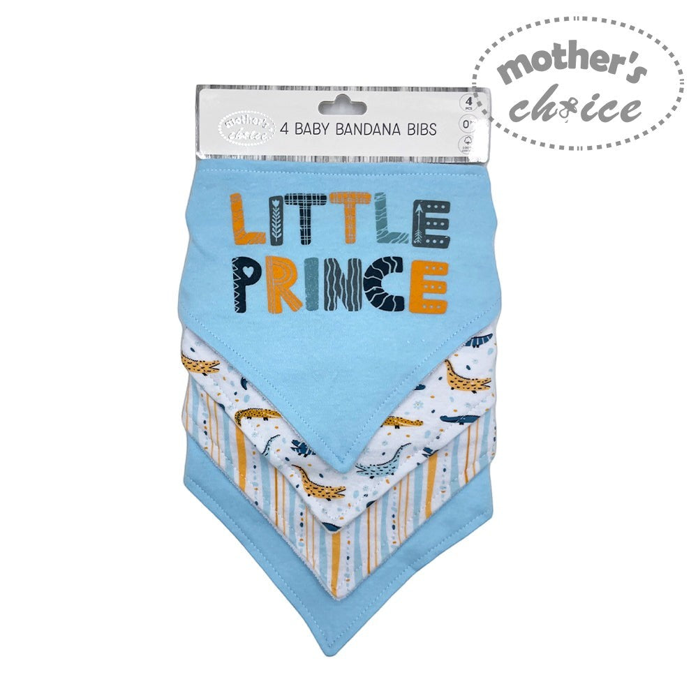 Packaged baby bandana bibs with 'Little Prince' text and animal pattern on a white background.