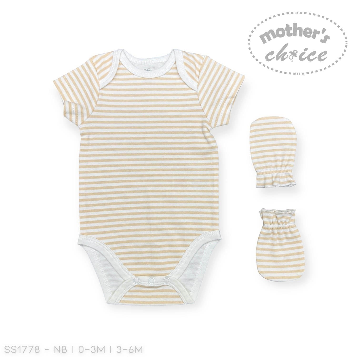 Baby bodysuit and mittens set with yellow stripes on a white background, featuring 'Mother's Choice' branding.