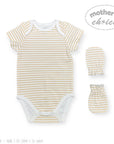 Baby bodysuit and mittens set with yellow stripes on a white background, featuring 'Mother's Choice' branding.