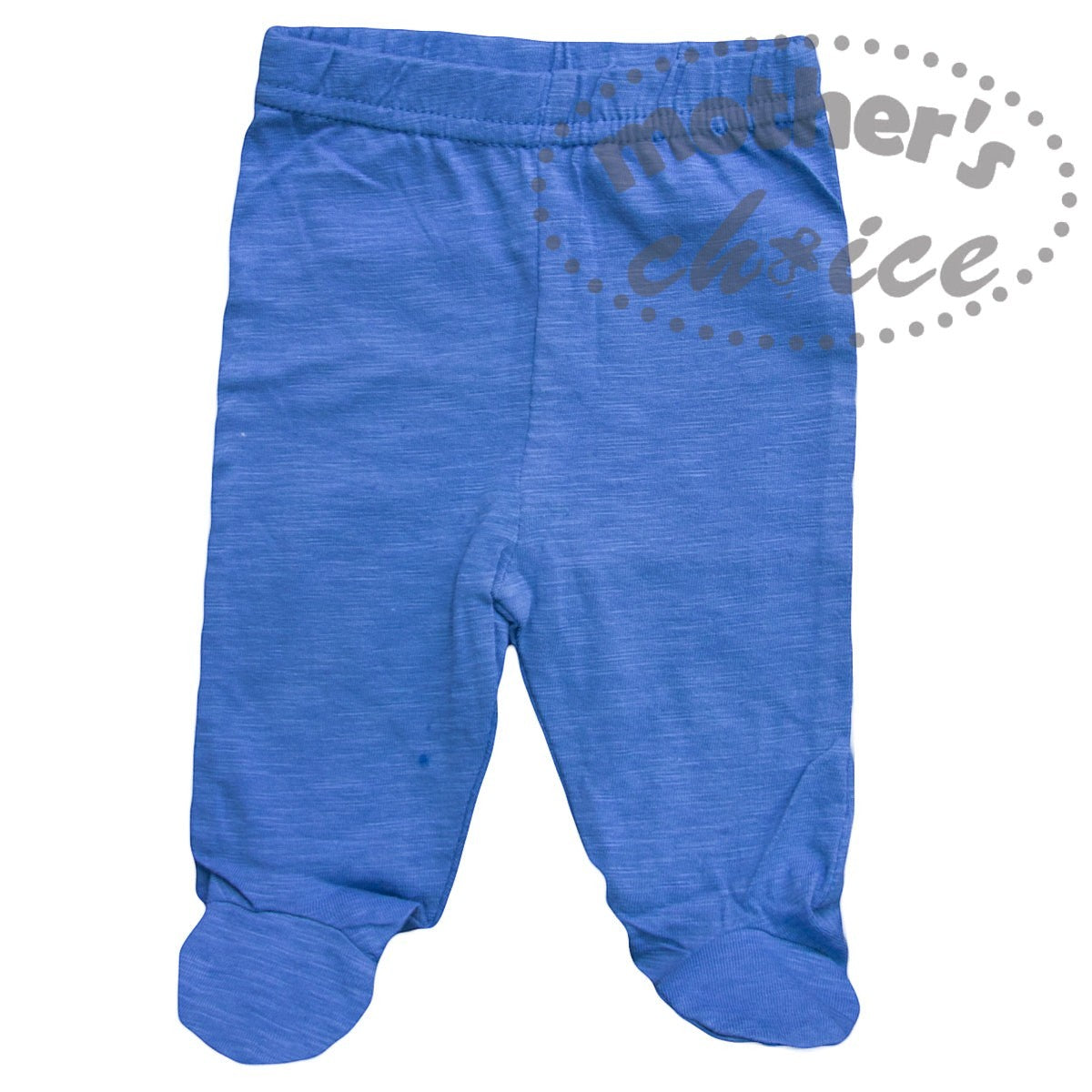 Blue baby pants with footies on a white background, branded 'Mother's Choice'.