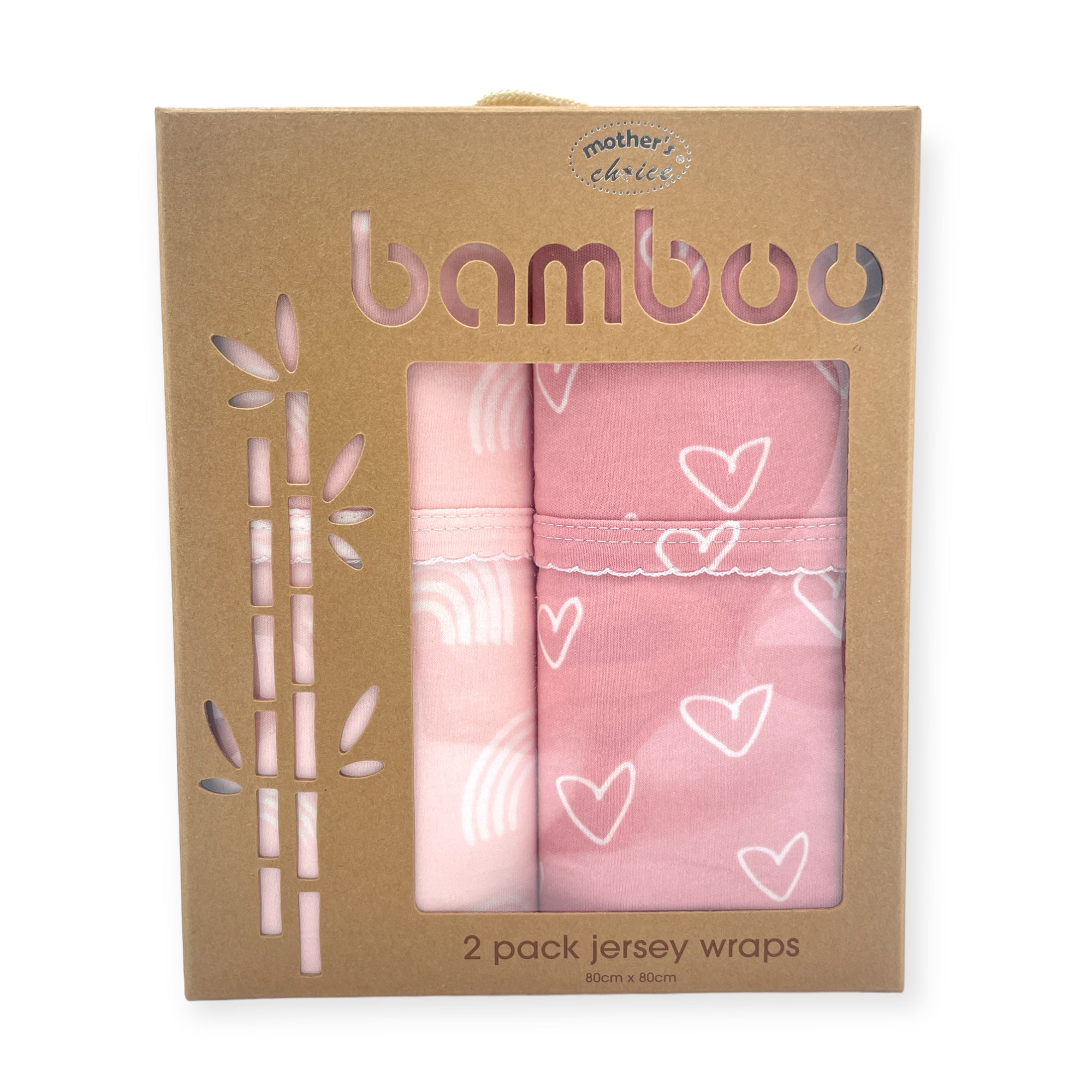 Pack of two pink bamboo jersey wraps in a cardboard box with 'mother and child' branding.