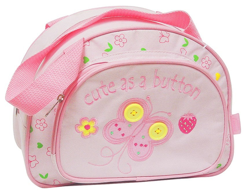 Pink children's bag with butterfly design and 'cute as a button' text on a white background