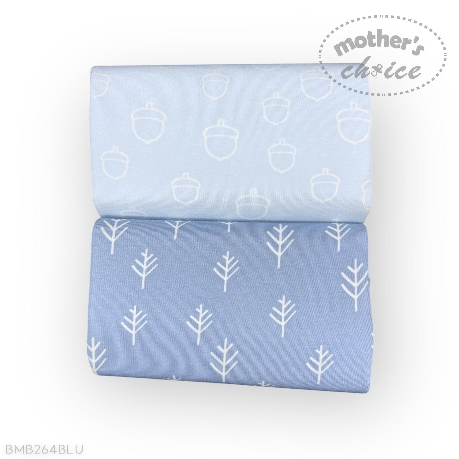 Two rolls of blue fabric with white patterns on a white background, featuring the brand 'Mother's Choice'.