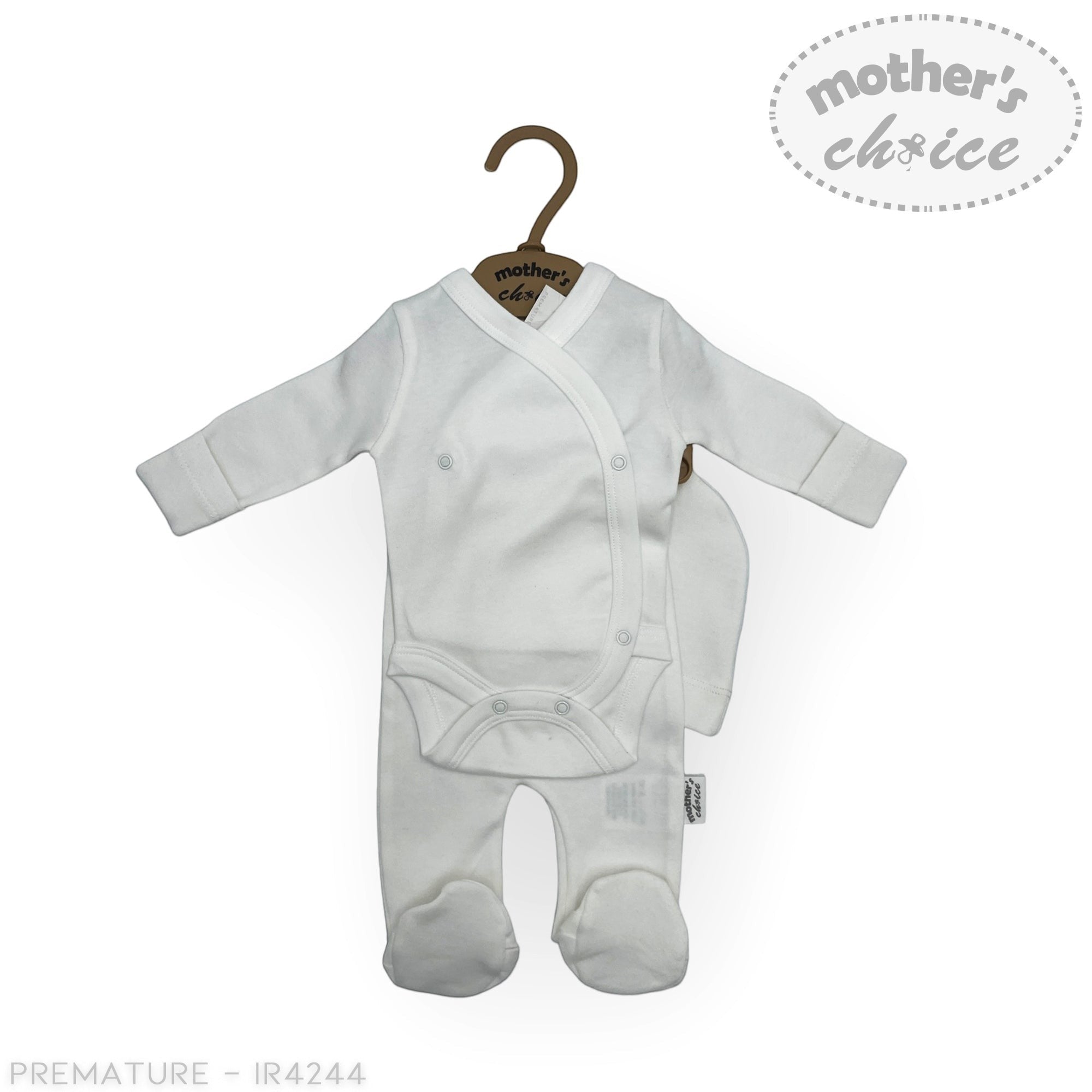 White baby onesie on a hanger with 'Mother's Choice' branding on a white background