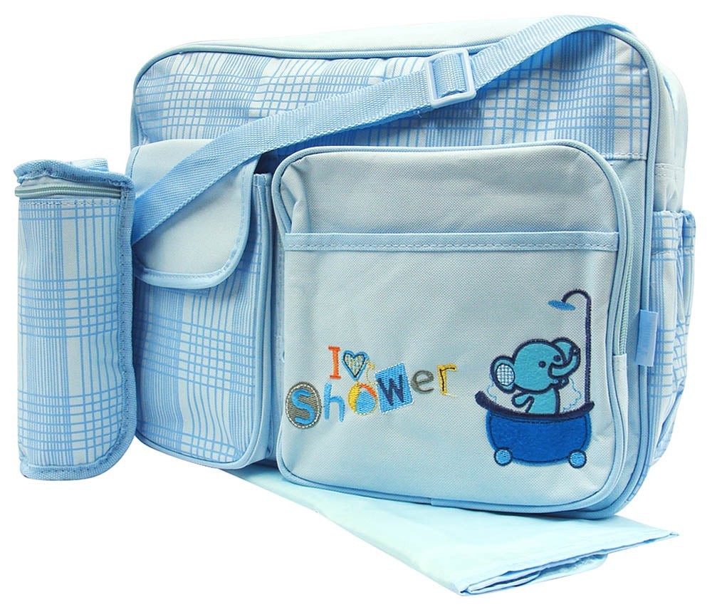 Blue baby diaper bag with elephant design and 'I love shower' text on a white background
