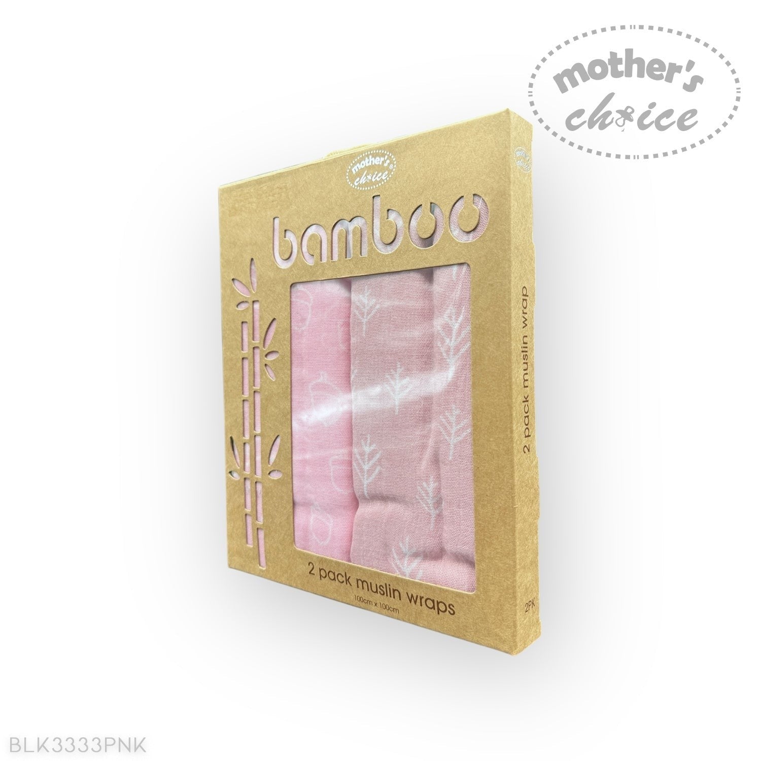 Packaged bamboo muslin wraps with pink and white design on a white background