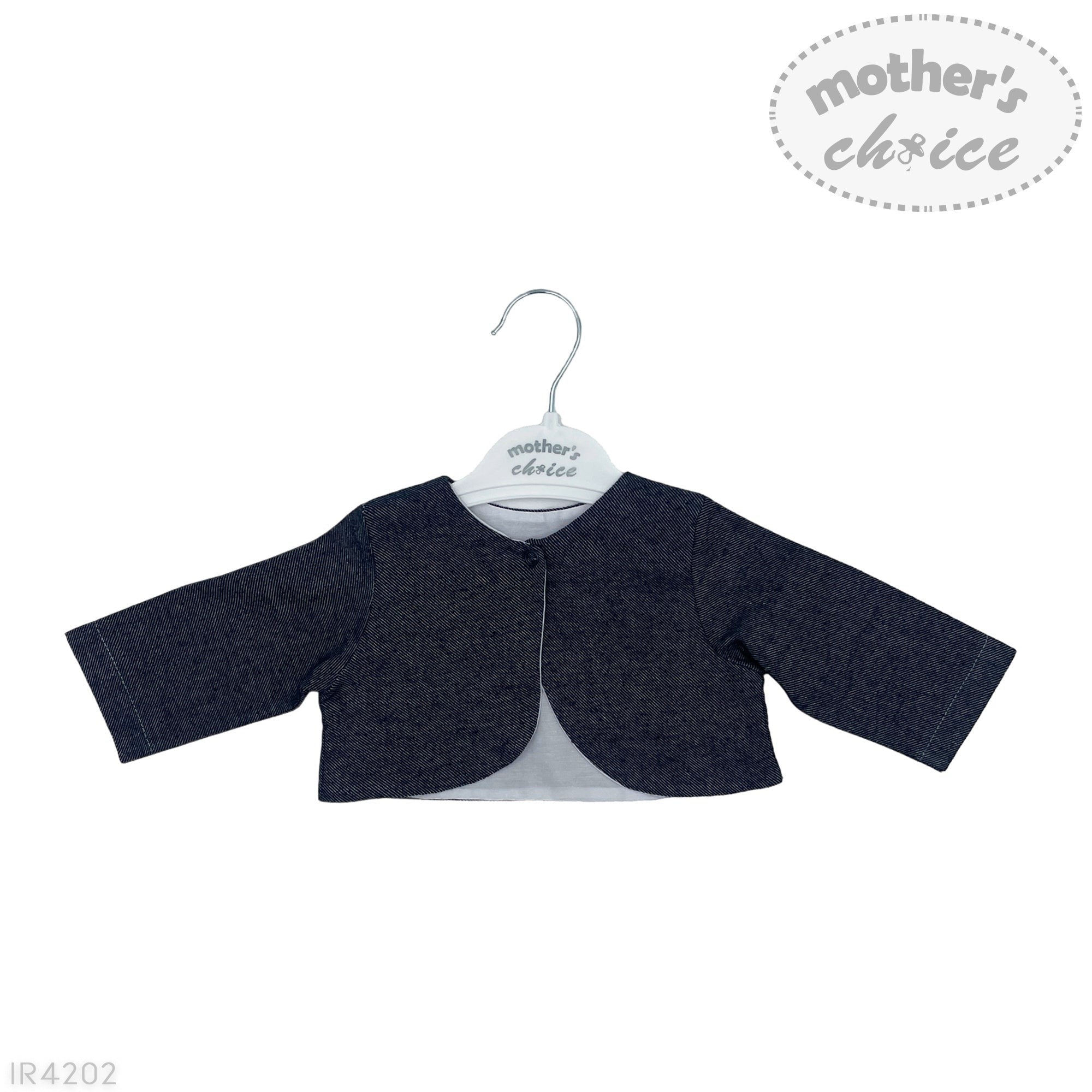 Navy blue baby bolero on a hanger with 'mother's choice' label on a white background