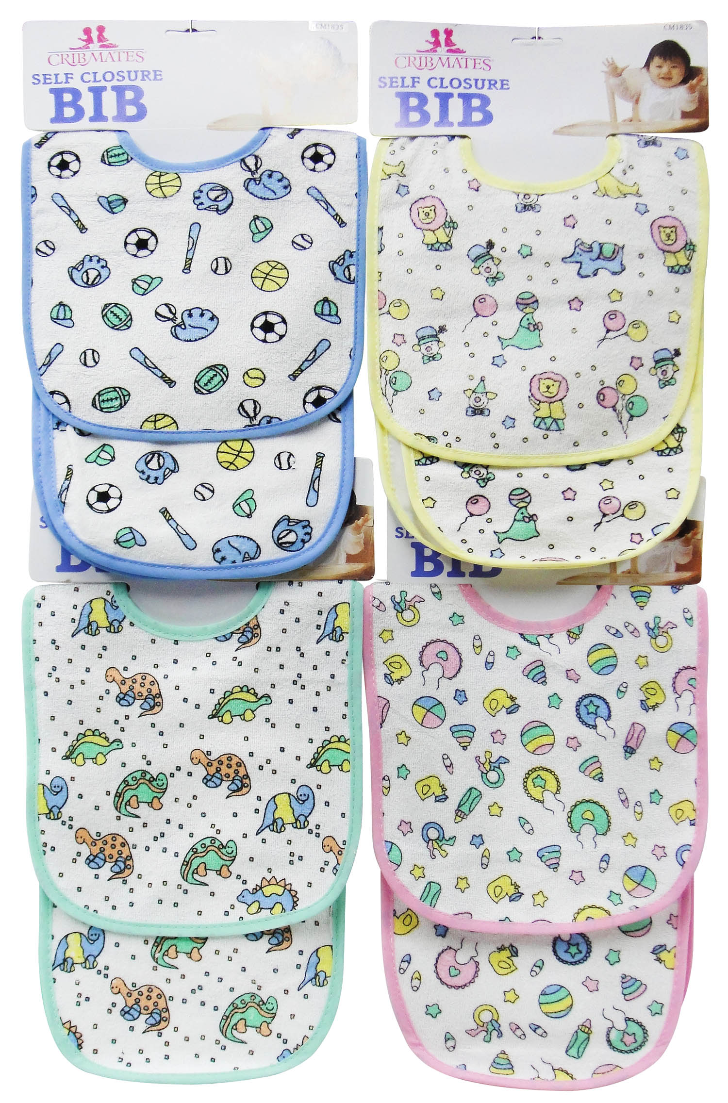 Four baby bibs with different patterns on a white background