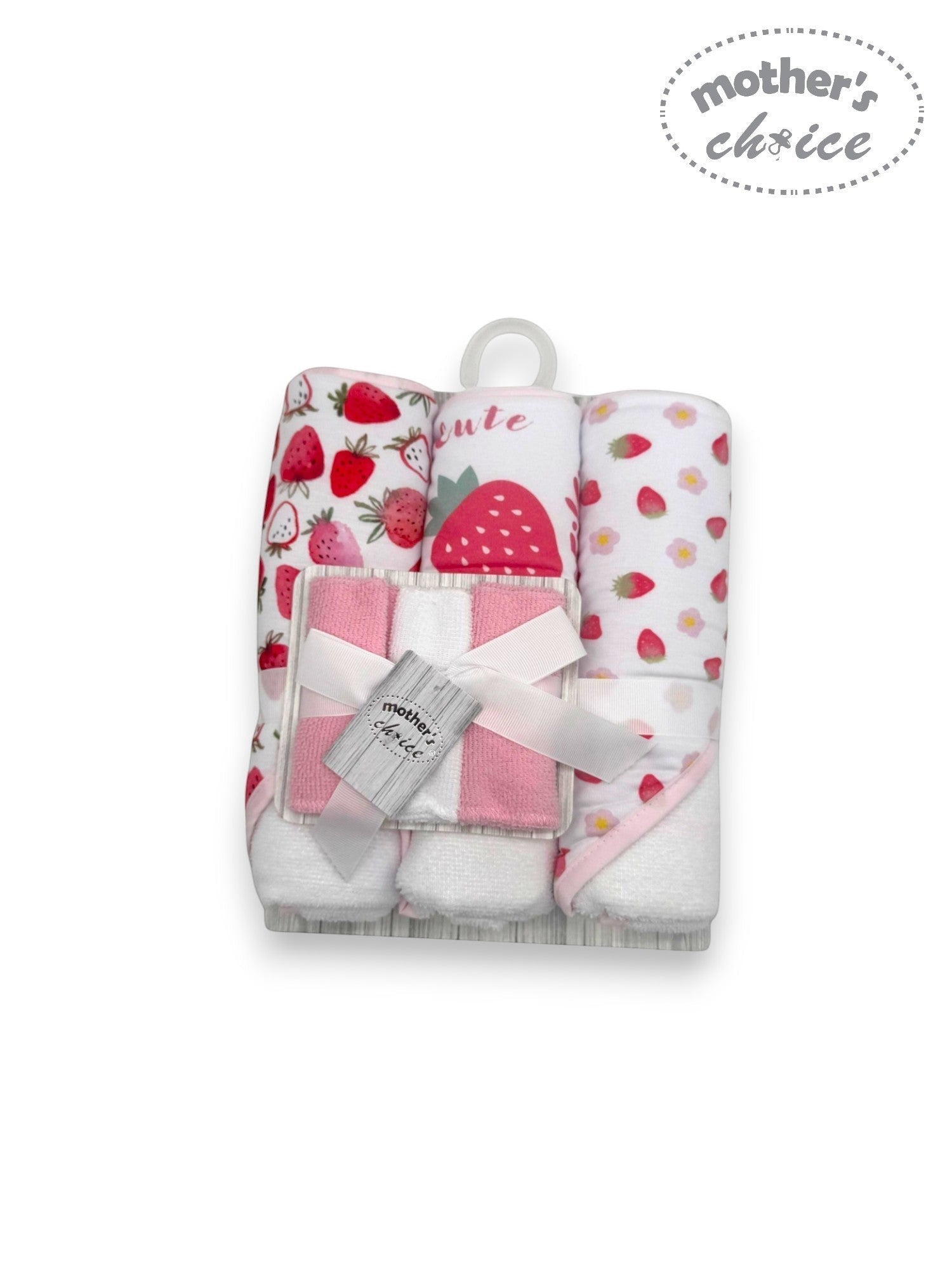 Baby blanket set with strawberry pattern and 'Mother's Choice' label on a white background