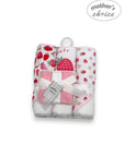 Baby blanket set with strawberry pattern and 'Mother's Choice' label on a white background