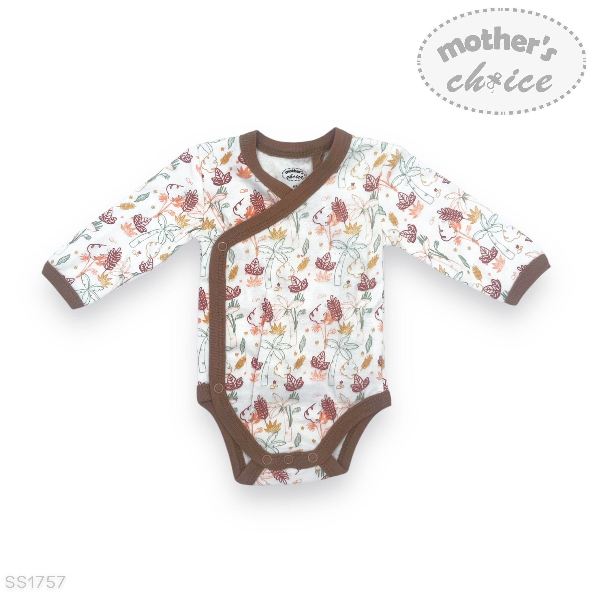 Baby onesie with floral pattern and brown accents on a white background, featuring 'Mother's Choice' branding.
