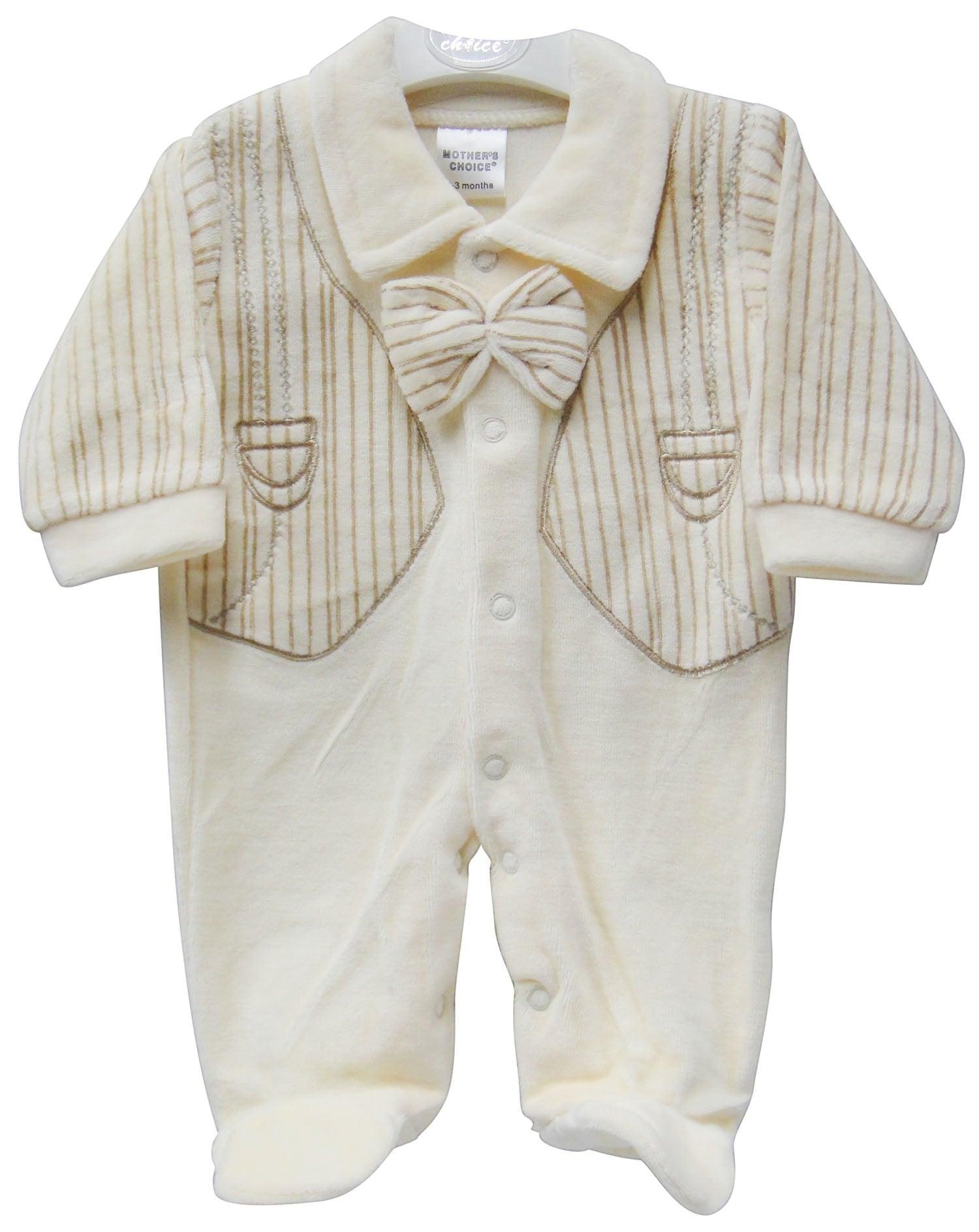 Baby outfit with jacket, pants, and bow tie on a white background
