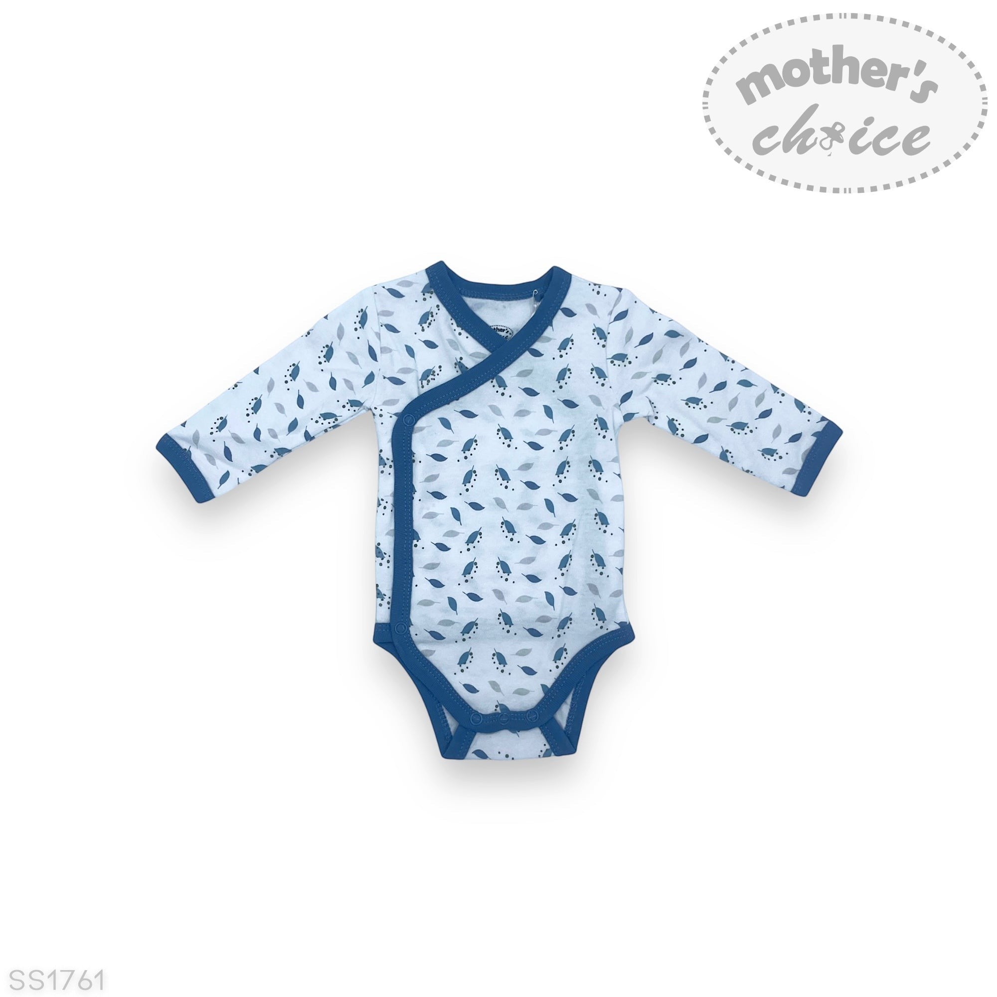 Baby onesie with blue and white pattern on a white background, featuring 'Mother's Choice' branding.