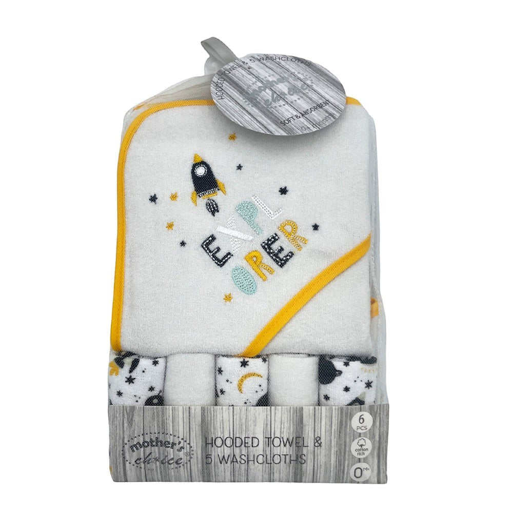 baby hooded towel and facecloth set explorer design