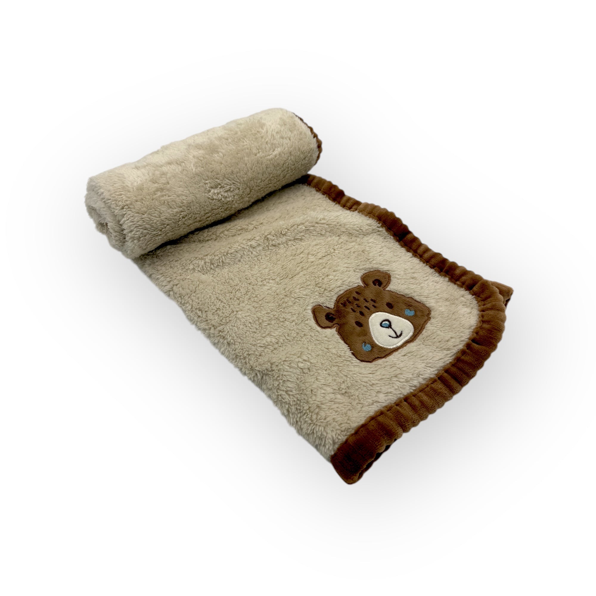 M/C SUPER SOFT CORAL FLEECE AND BINDING BLANKET NEUTRAL BEAR