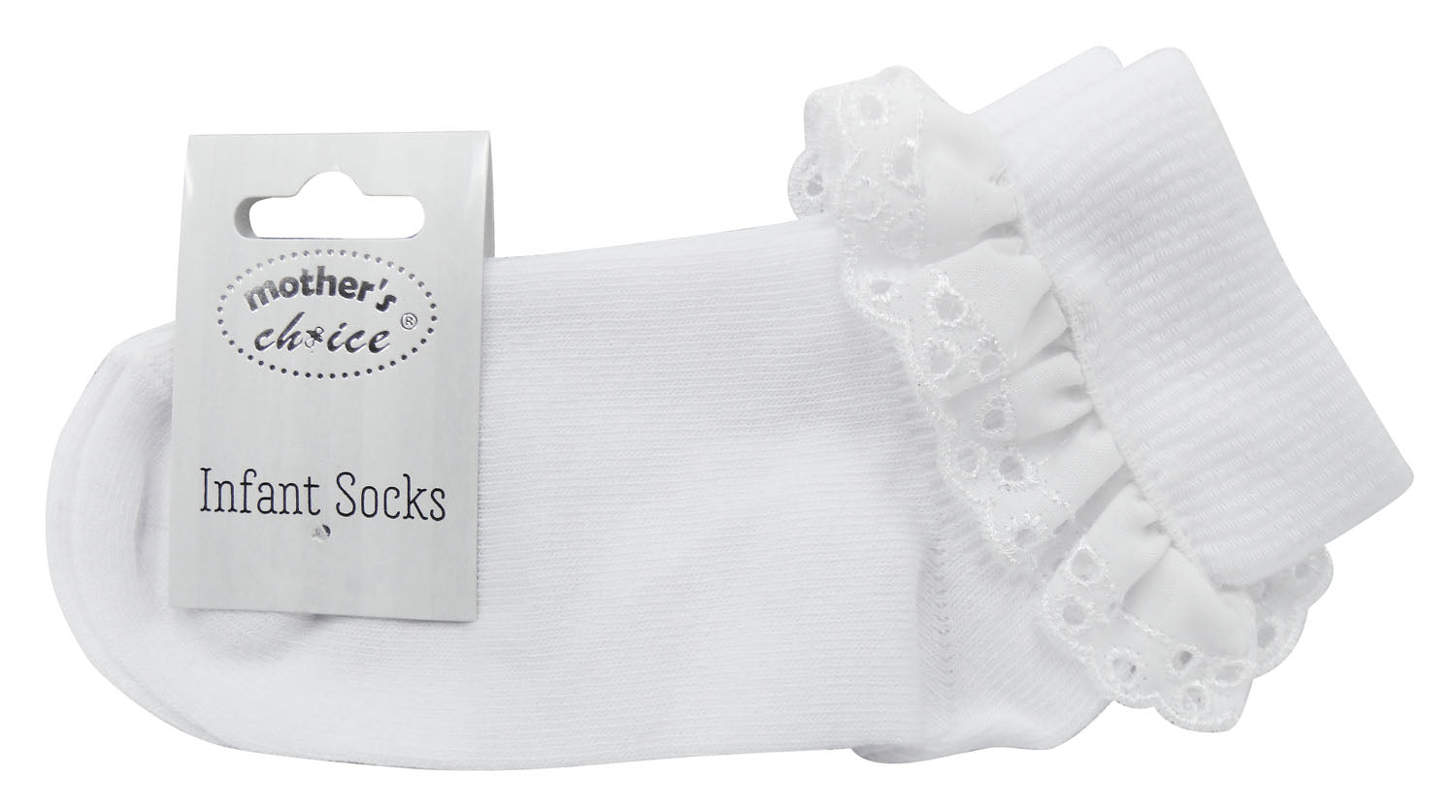 White infant socks with lace details on a white background, featuring 'Mother's Choice' packaging.