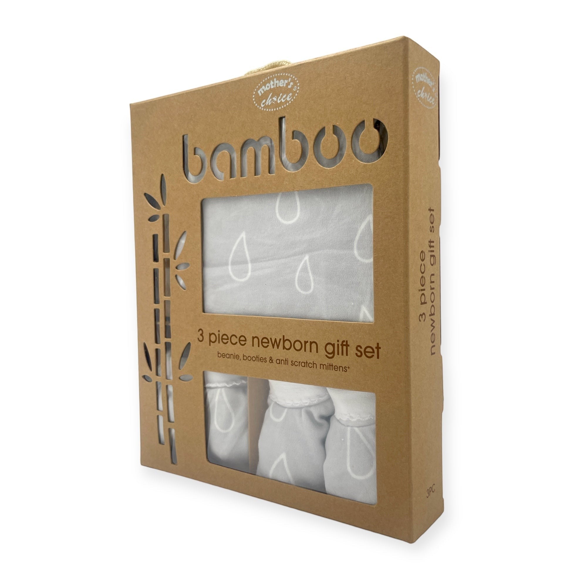 Boxed 3-piece newborn gift set with bamboo text on a white background