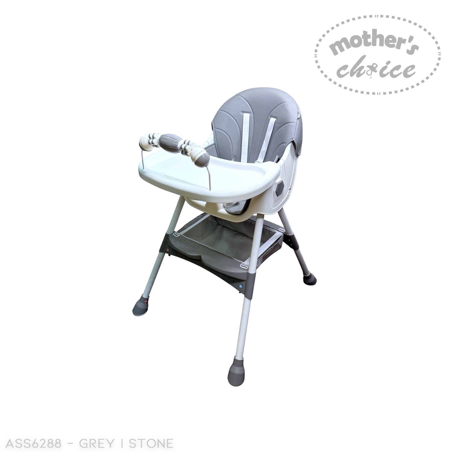 Gray and white high chair with 'Mother's Choice' branding on a white background