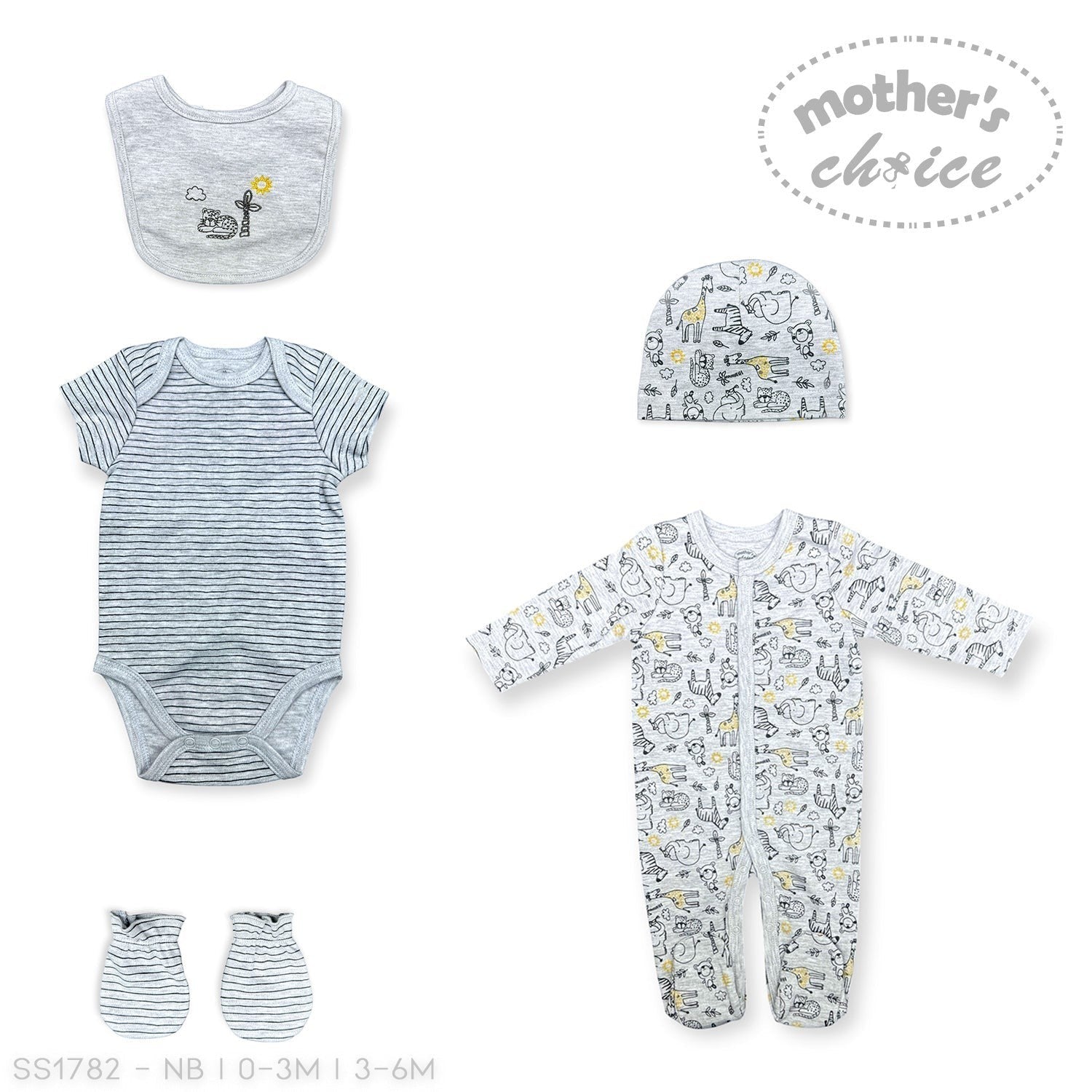 Collection of baby clothing items including a onesie, bodysuit, hat, and booties with 'Mother's Choice' branding.