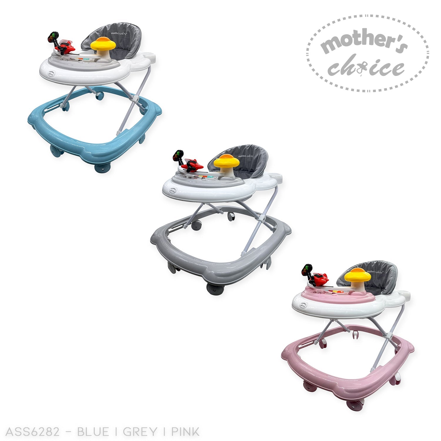 Three baby walkers in blue, gray, and pink with 'Mother's Choice' branding on a white background.