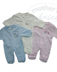 Three baby onesies in blue, white, and pink on a white background with 'Mother's Choice' branding.