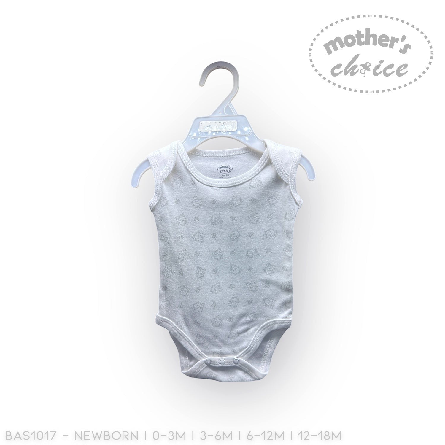 Gray baby bodysuit with white star pattern on a hanger against a white background, featuring 'Mother's Choice' branding.